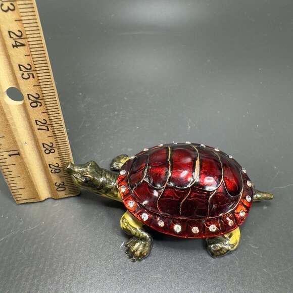 VTG Turtle Red Shell Enamel Over Metal Bejeweled Hinged Trinket Box Pill Box - Picture 7 of 10